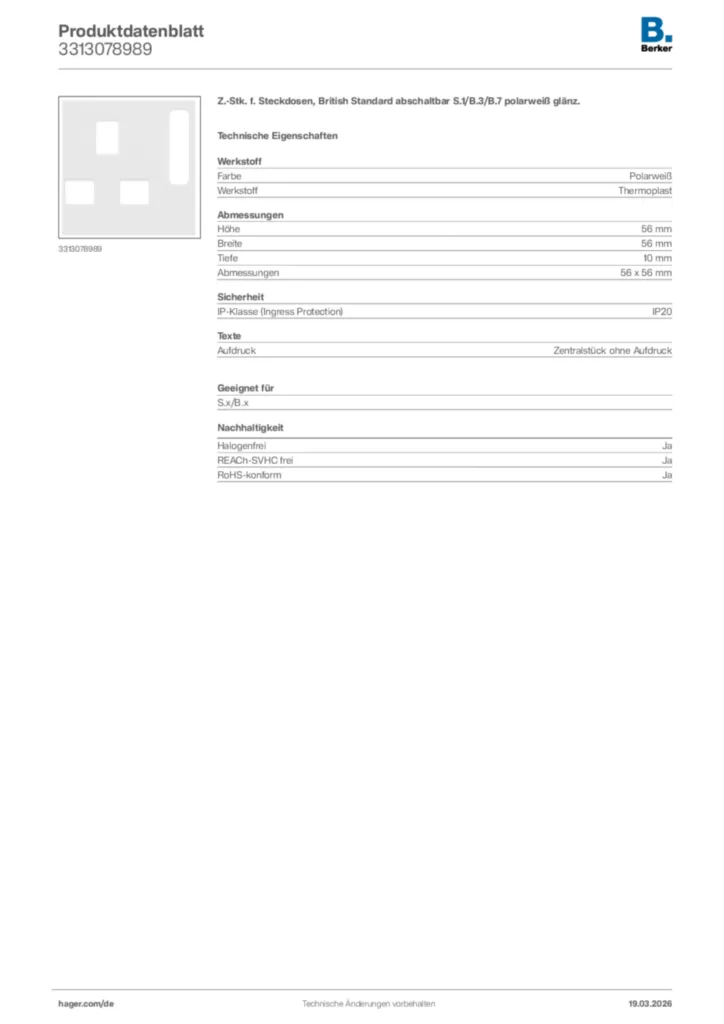 Bild Berker Produktdatenblatt 3313078989 | Hager Deutschland