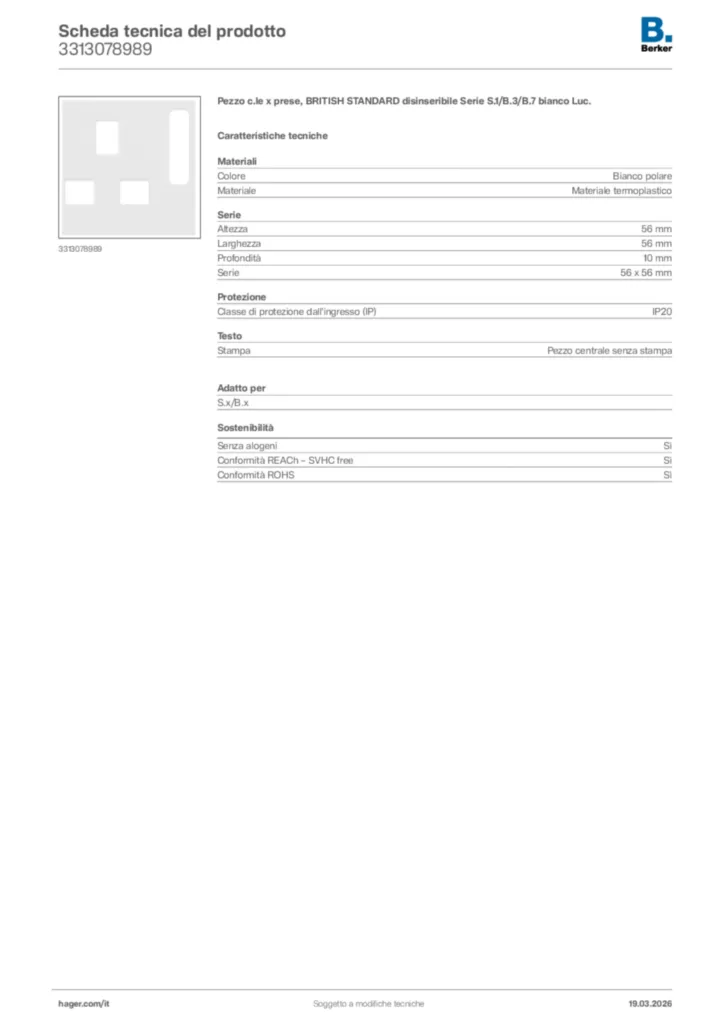 Immagine Berker Scheda tecnica del prodotto 3313078989 | Hager Italia
