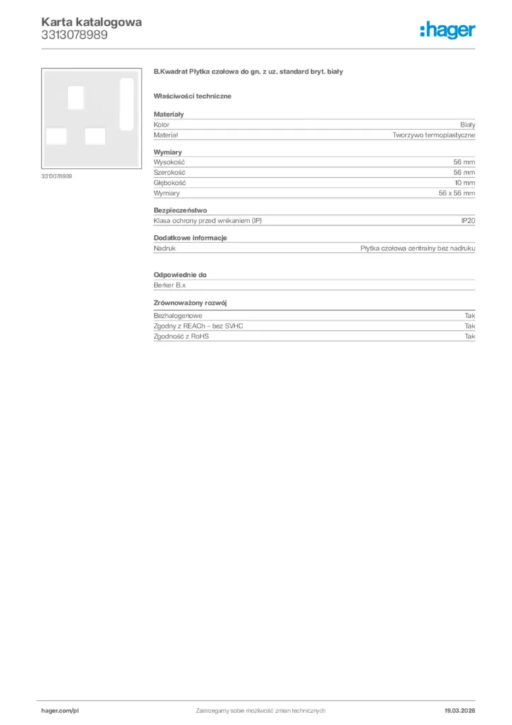 Zdjęcie Hager Karta katalogowa 3313078989 | Hager Polska