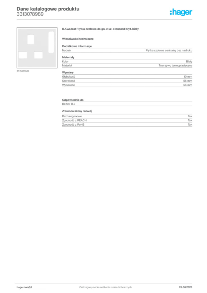 Zdjęcie Hager Dane katalogowe produktu 3313078989 | Hager Polska