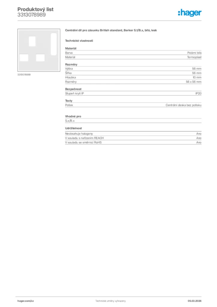 Obrázek Hager Product data sheet 3313078989 | Hager