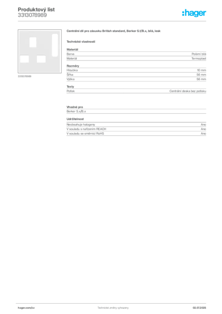 Obrázek Hager Produktový list 3313078989 | Hager