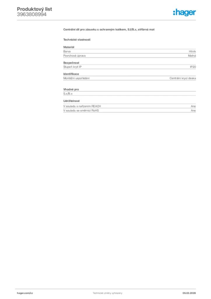Obrázek Hager Product data sheet 3963808994 | Hager