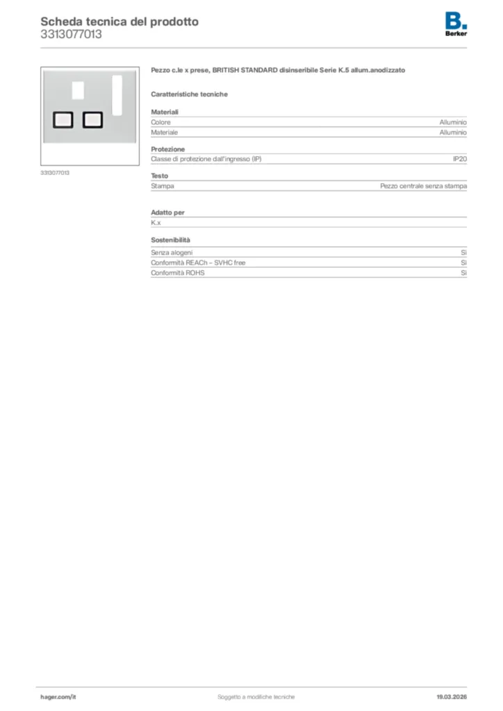 Immagine Berker Scheda tecnica del prodotto 3313077013 | Hager Italia