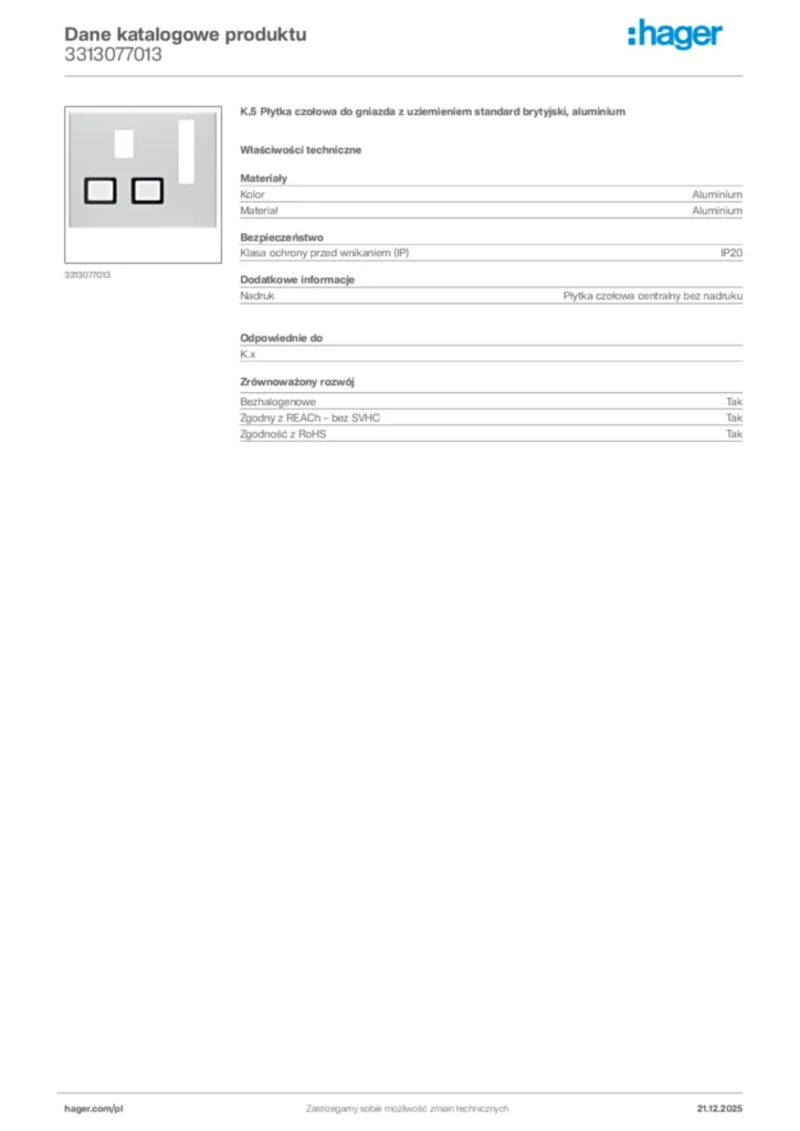 Zdjęcie Hager Dane katalogowe produktu 3313077013 | Hager Polska