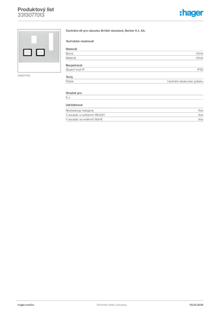 Obrázek Hager Product data sheet 3313077013 | Hager