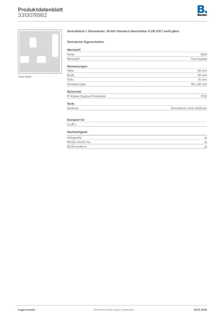 Bild Berker Produktdatenblatt 3313078982 | Hager Deutschland