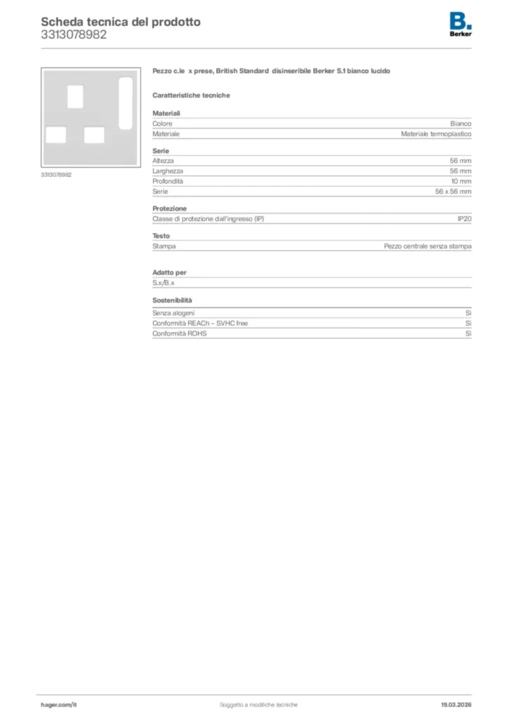 Immagine Berker Scheda tecnica del prodotto 3313078982 | Hager Italia