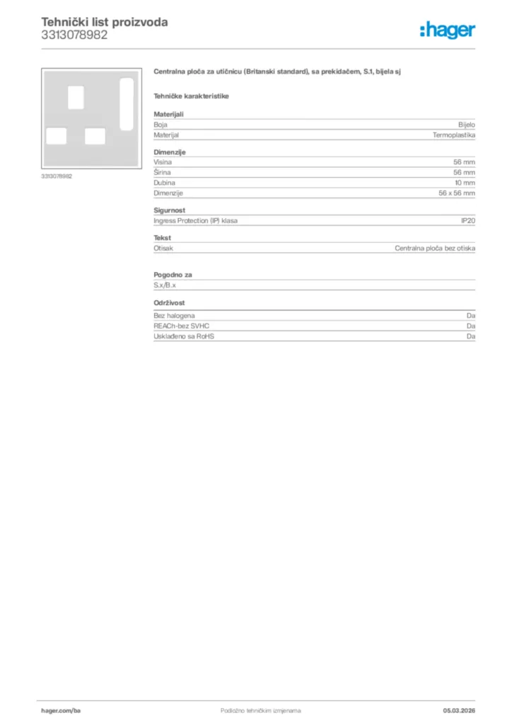 Slika Hager Tehnički list proizvoda 3313078982  | Hager