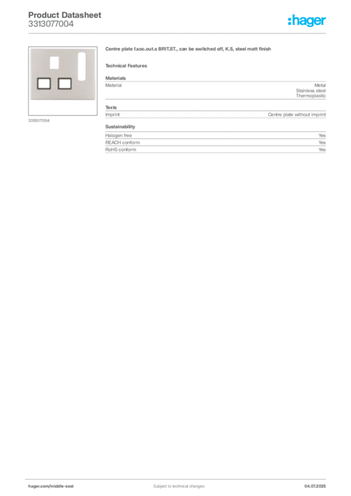 Image Hager Product data sheet 3313077004  | Hager