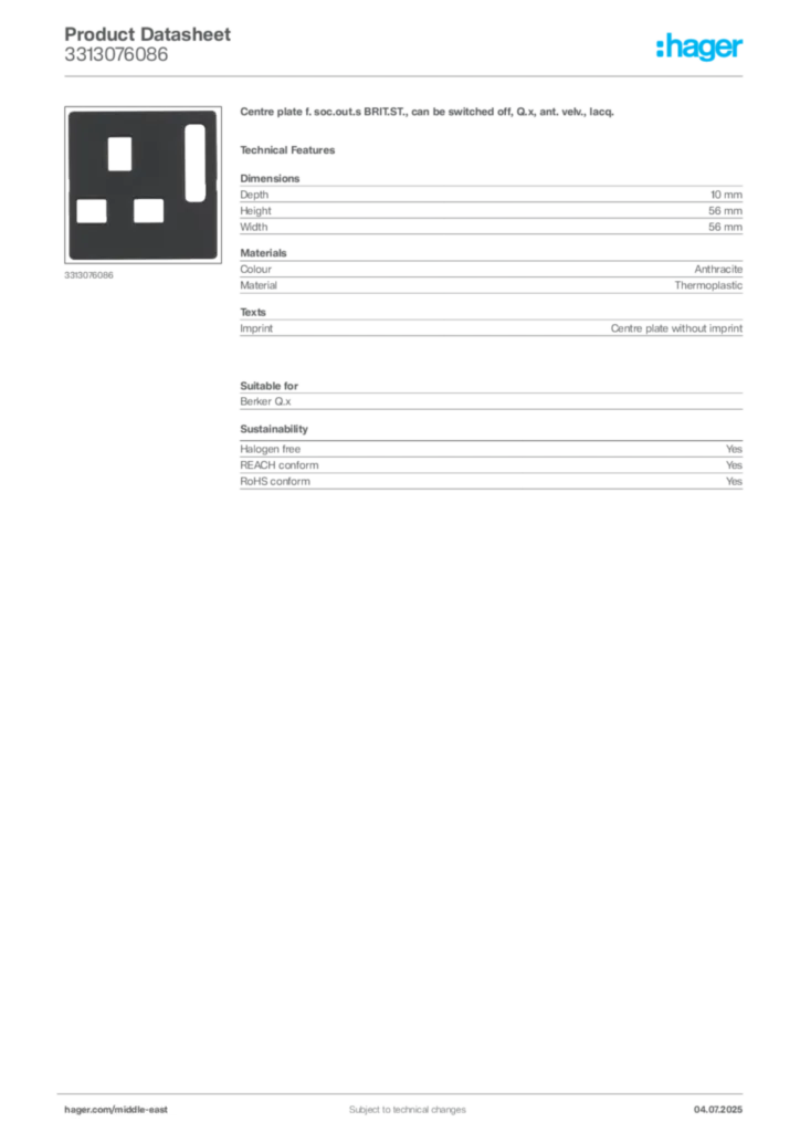 Image Hager Product data sheet 3313076086  | Hager