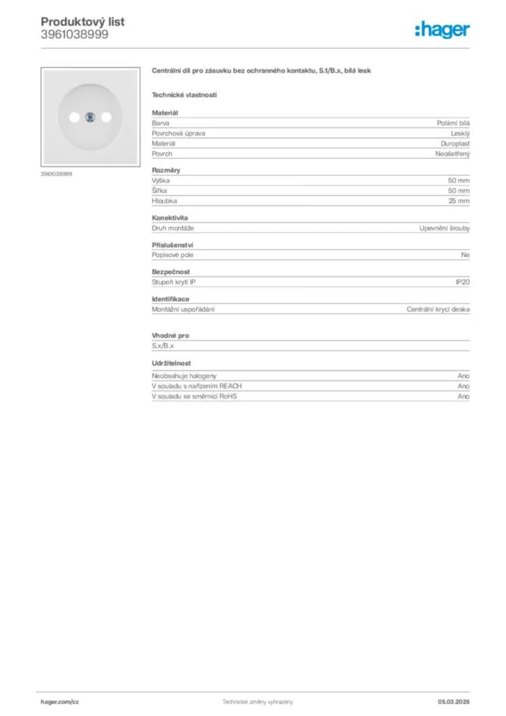 Obrázek Hager Product data sheet 3961038999 | Hager