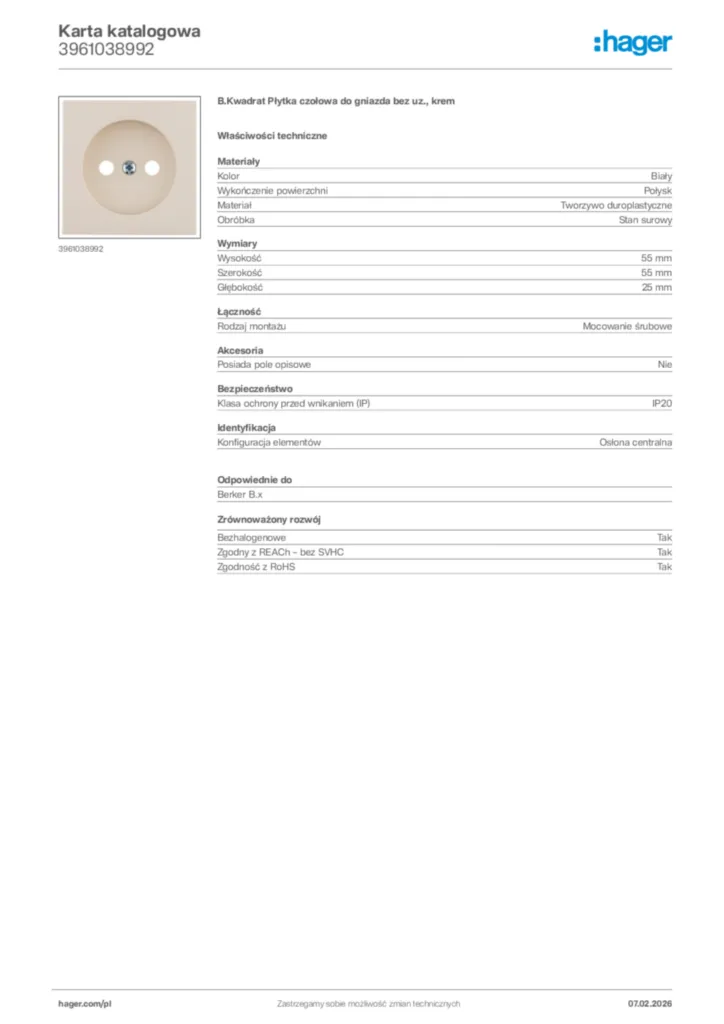 Zdjęcie Hager Karta katalogowa 3961038992 | Hager Polska