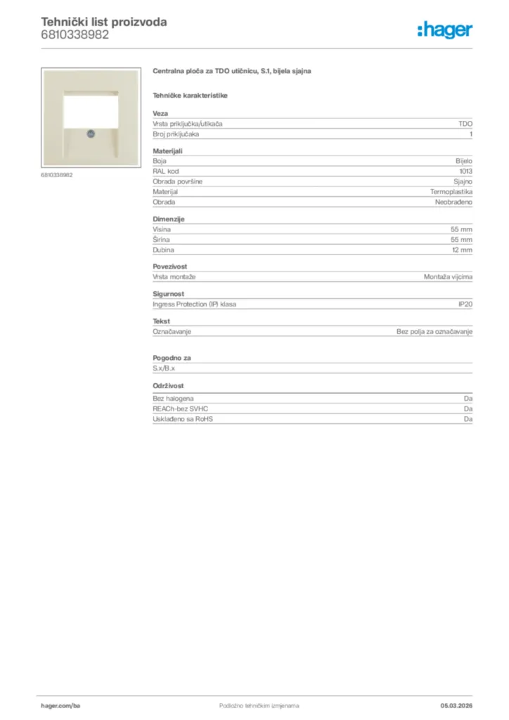 Slika Hager Tehnički list proizvoda 6810338982  | Hager