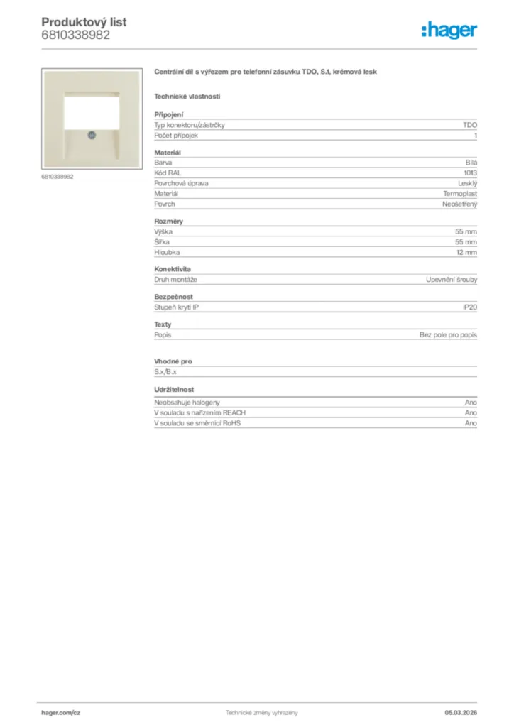 Obrázek Hager Product data sheet 6810338982 | Hager