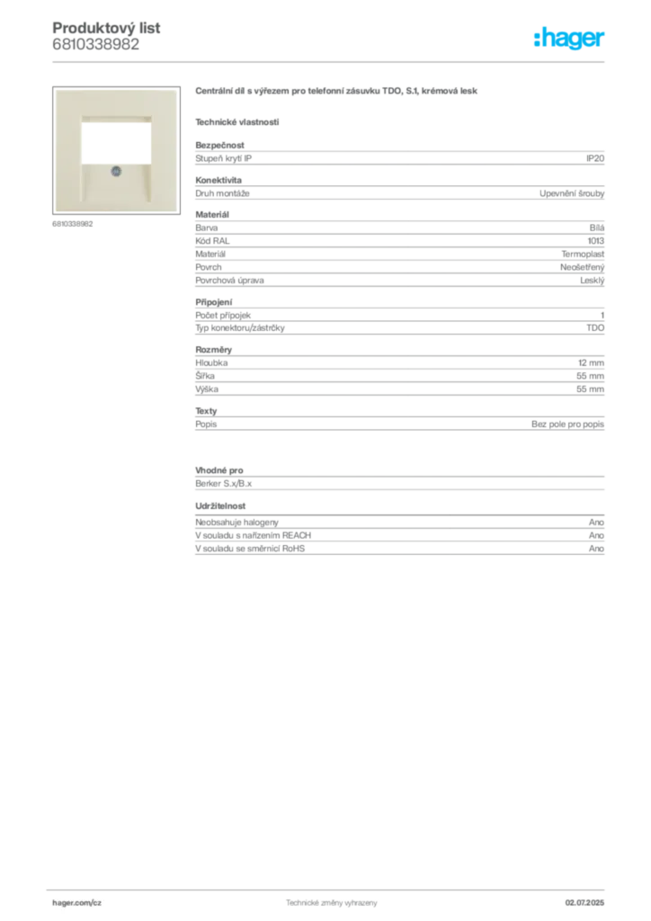 Obrázek Hager Produktový list 6810338982 | Hager