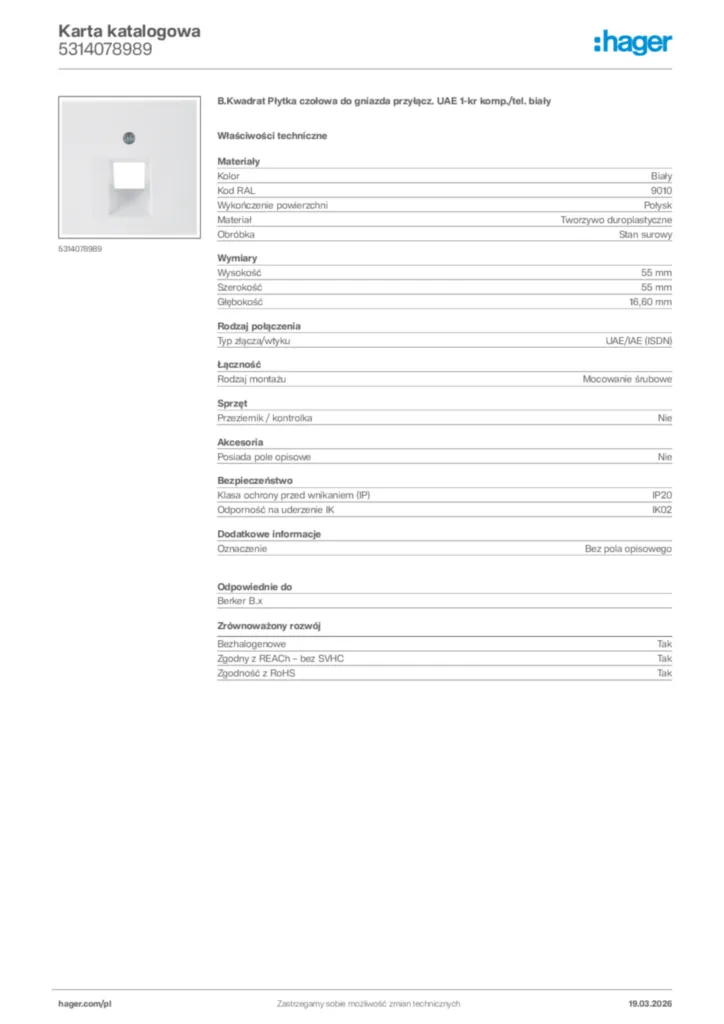 Zdjęcie Hager Karta katalogowa 5314078989 | Hager Polska