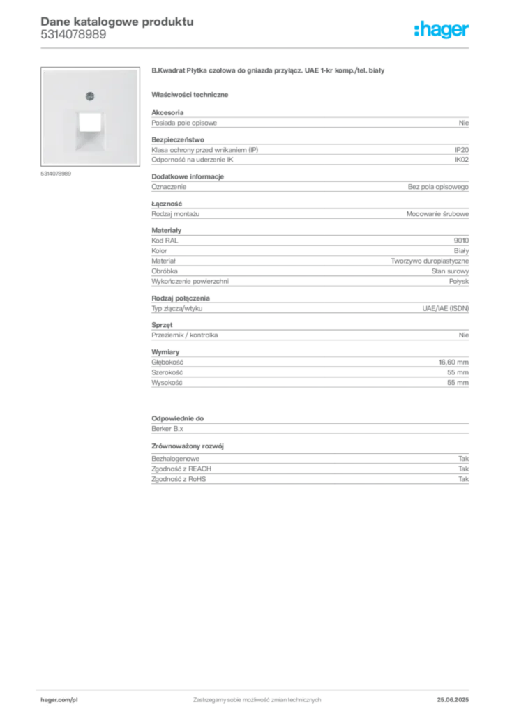 Zdjęcie Hager Dane katalogowe produktu 5314078989 | Hager Polska