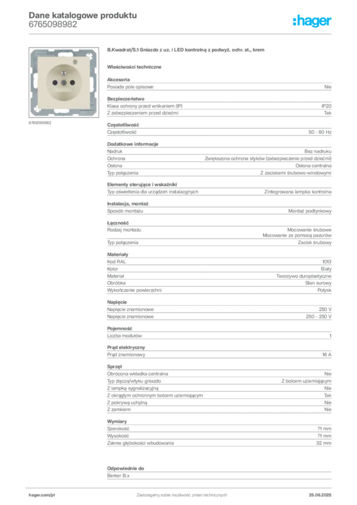 Zdjęcie Hager Dane katalogowe produktu 6765098982 | Hager Polska