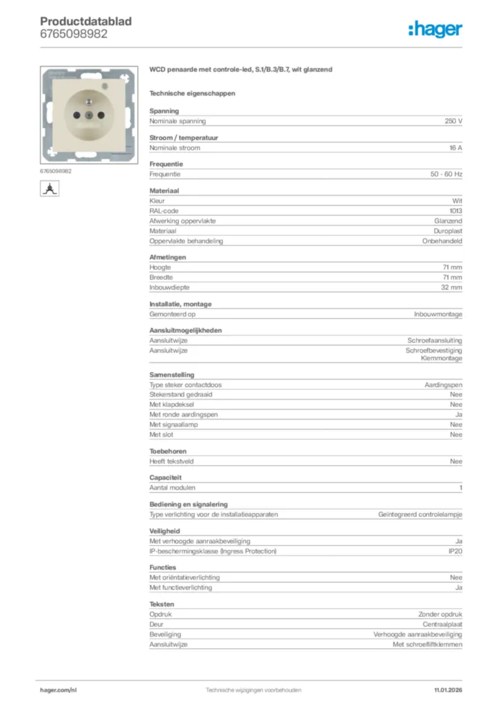 Afbeelding Hager Productdatablad 6765098982 | Hager Nederland