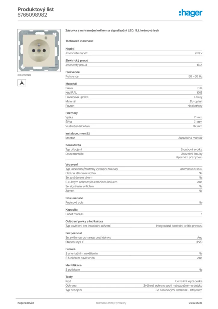 Obrázek Hager Product data sheet 6765098982 | Hager
