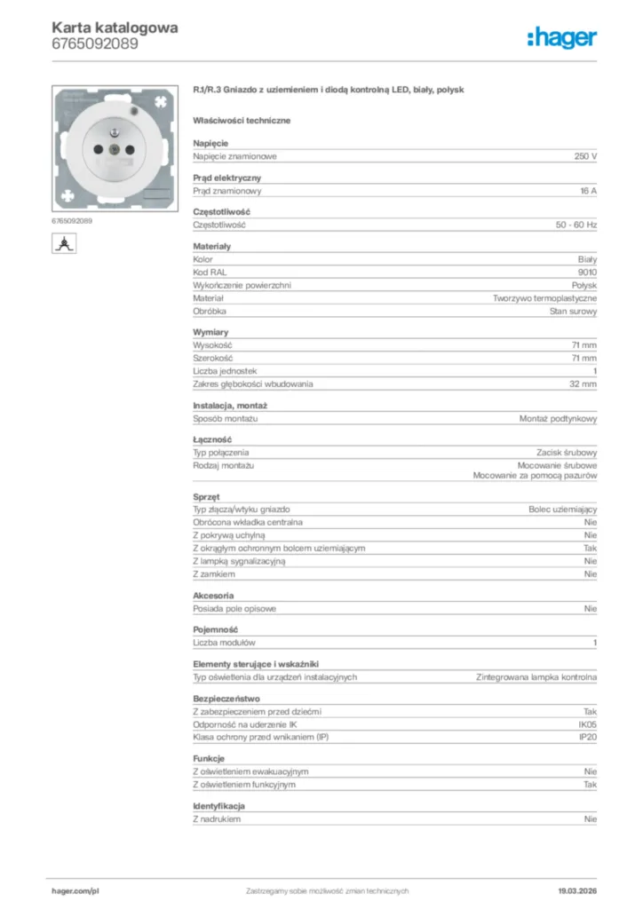 Zdjęcie Hager Karta katalogowa 6765092089 | Hager Polska