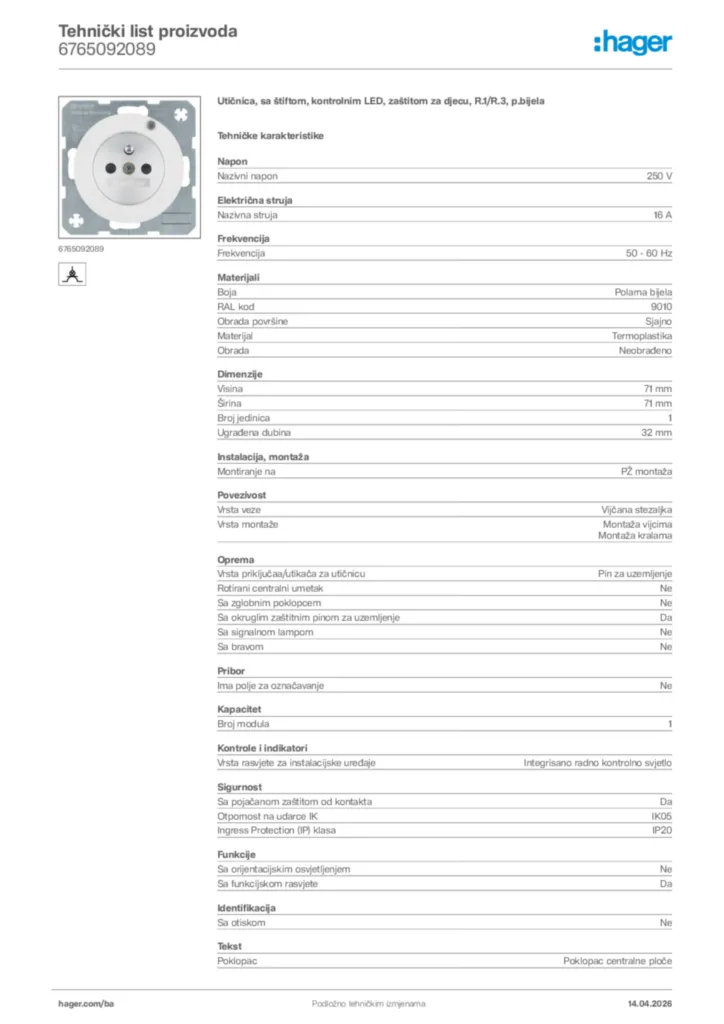 Slika Hager Tehnički list proizvoda 6765092089  | Hager