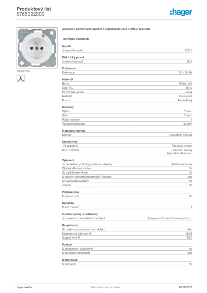 Obrázek Hager Product data sheet 6765092089 | Hager