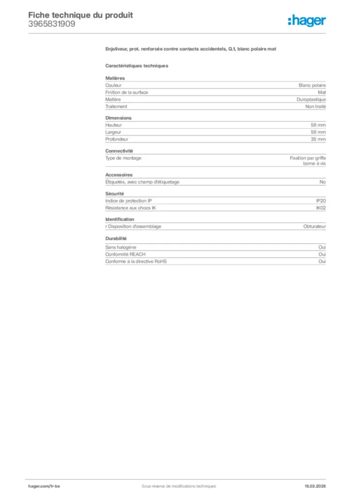 Image Hager Fiche technique du produit 3965831909 | Hager Belgique