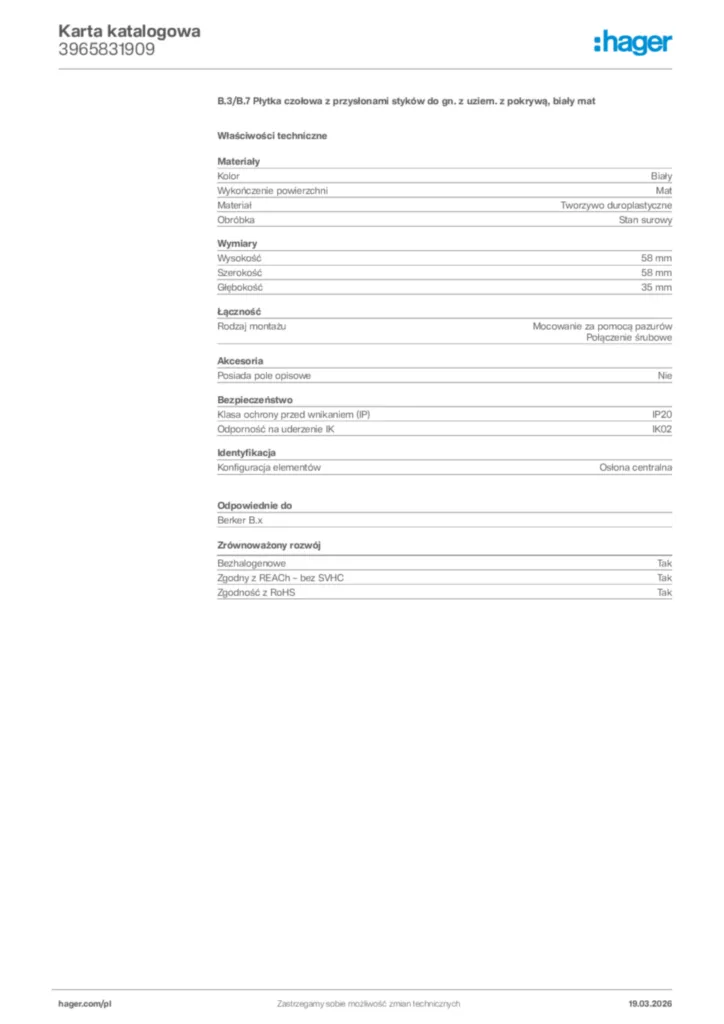 Zdjęcie Hager Karta katalogowa 3965831909 | Hager Polska