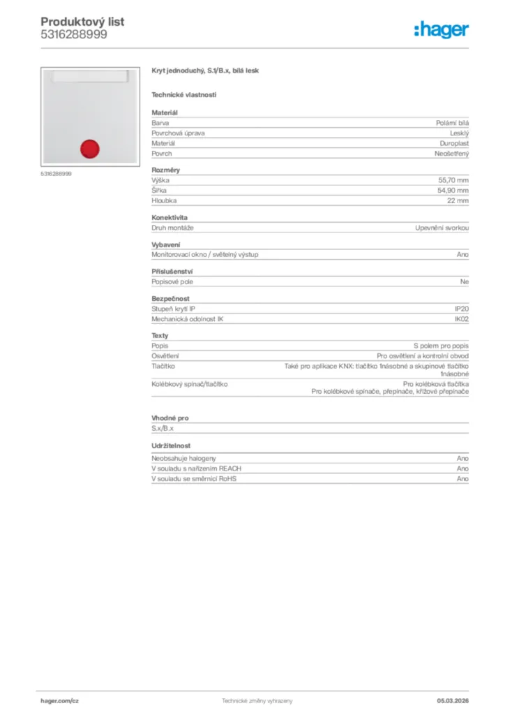 Obrázek Hager Product data sheet 5316288999 | Hager