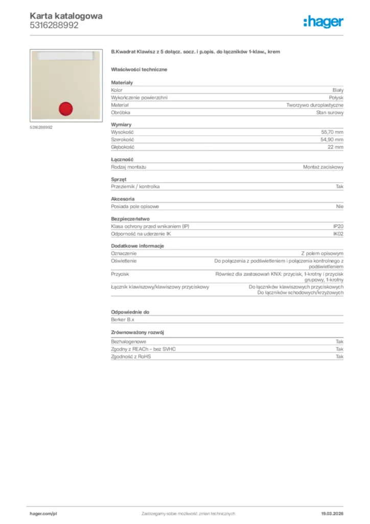 Zdjęcie Hager Karta katalogowa 5316288992 | Hager Polska