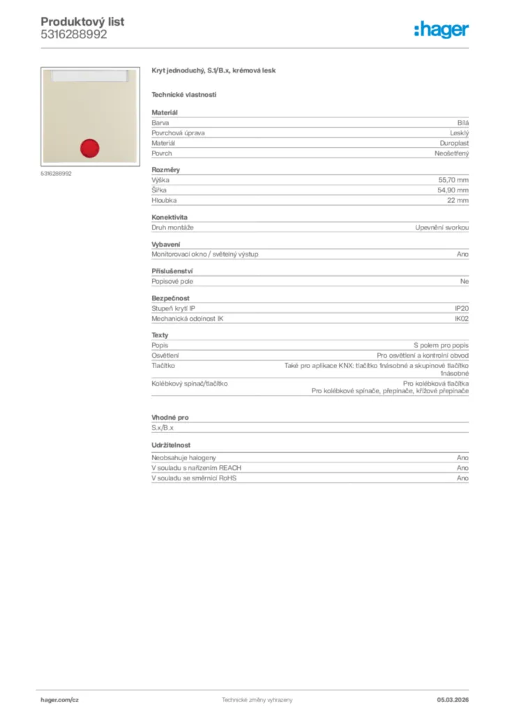 Obrázek Hager Product data sheet 5316288992 | Hager