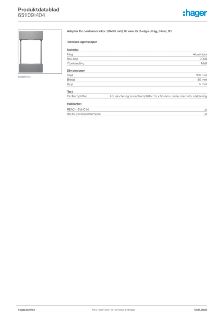 Bild Hager Produktdatablad 6511091404 | Hager Sverige