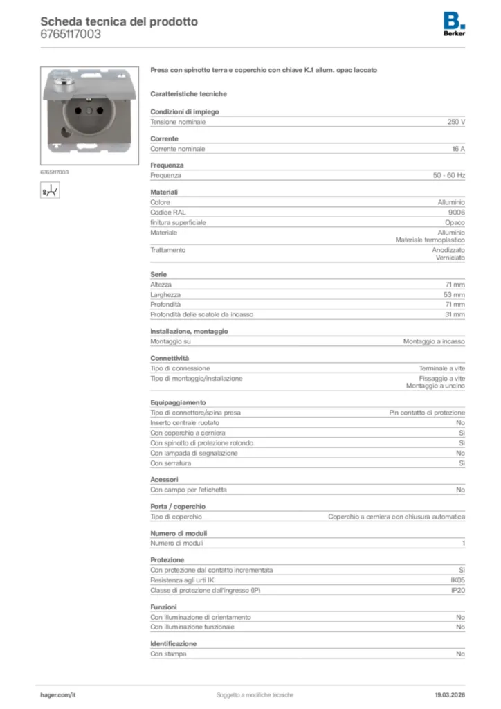 Immagine Berker Scheda tecnica del prodotto 6765117003 | Hager Italia