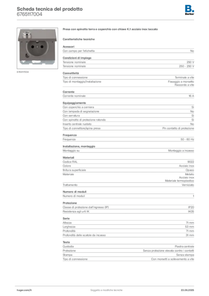 Immagine Berker Scheda tecnica del prodotto 6765117004 | Hager Italia
