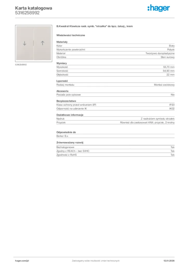 Zdjęcie Hager Karta katalogowa 5316258992 | Hager Polska