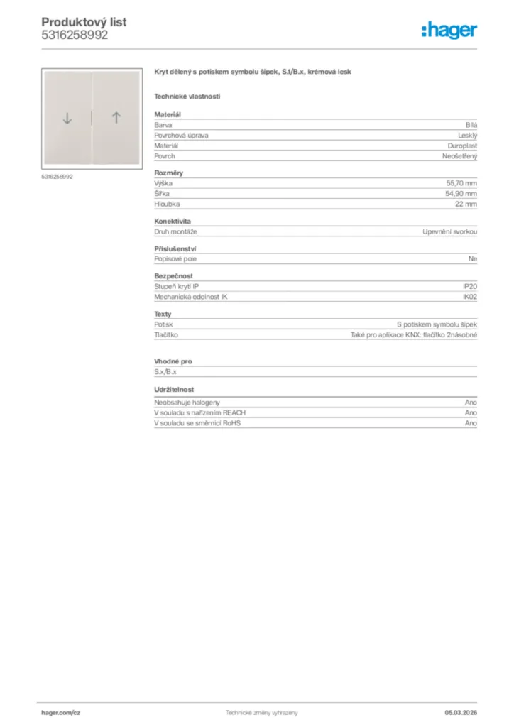 Obrázek Hager Product data sheet 5316258992 | Hager