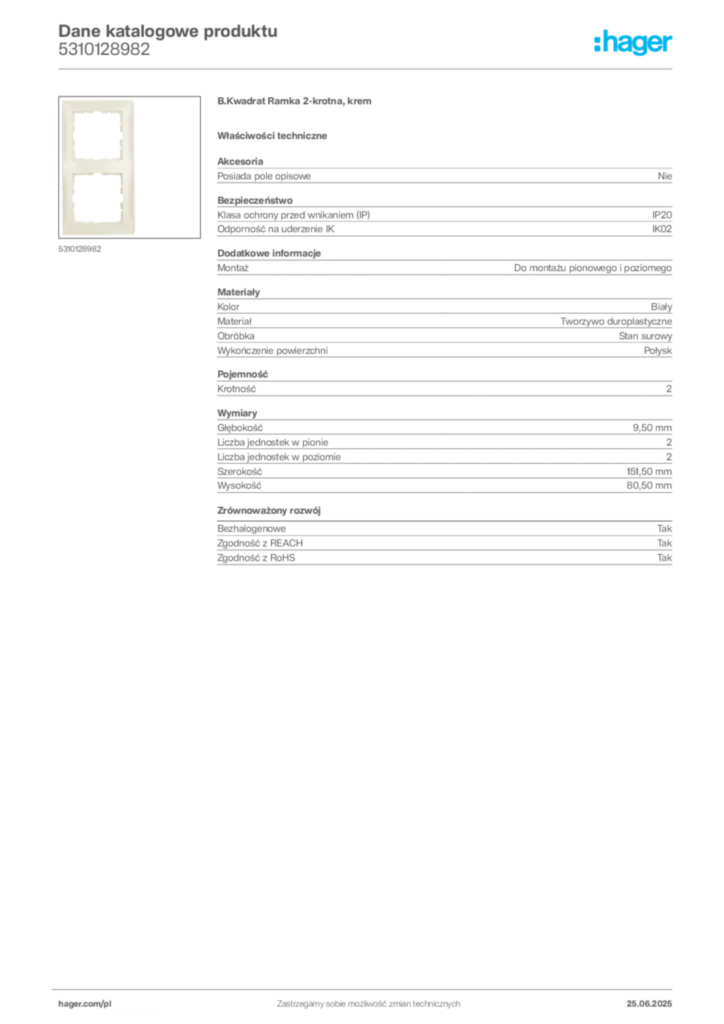 Zdjęcie Hager Dane katalogowe produktu 5310128982 | Hager Polska
