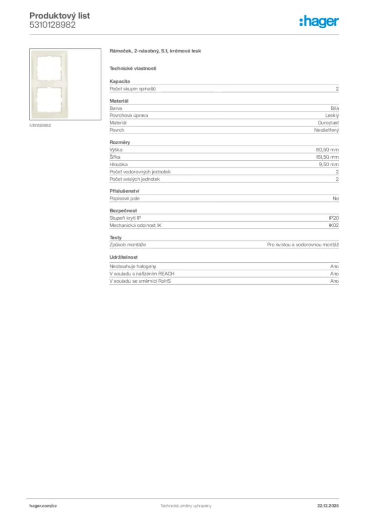 Obrázek Hager Produktový list 5310128982 | Hager