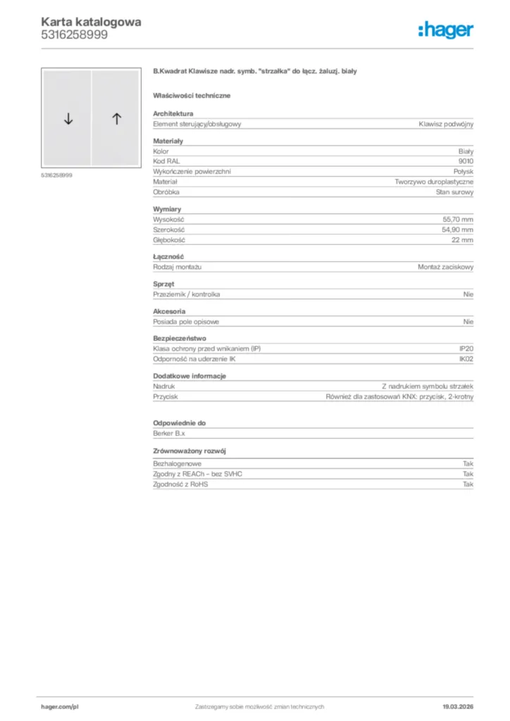 Zdjęcie Hager Karta katalogowa 5316258999 | Hager Polska