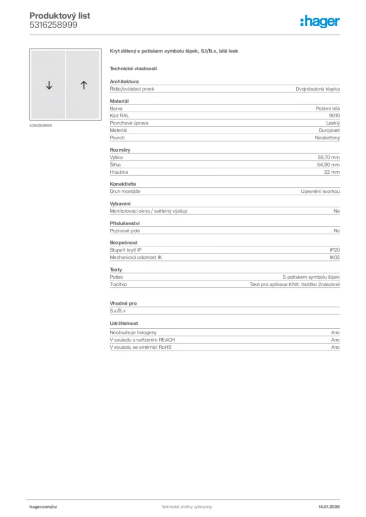 Obrázek Hager Product data sheet 5316258999 | Hager