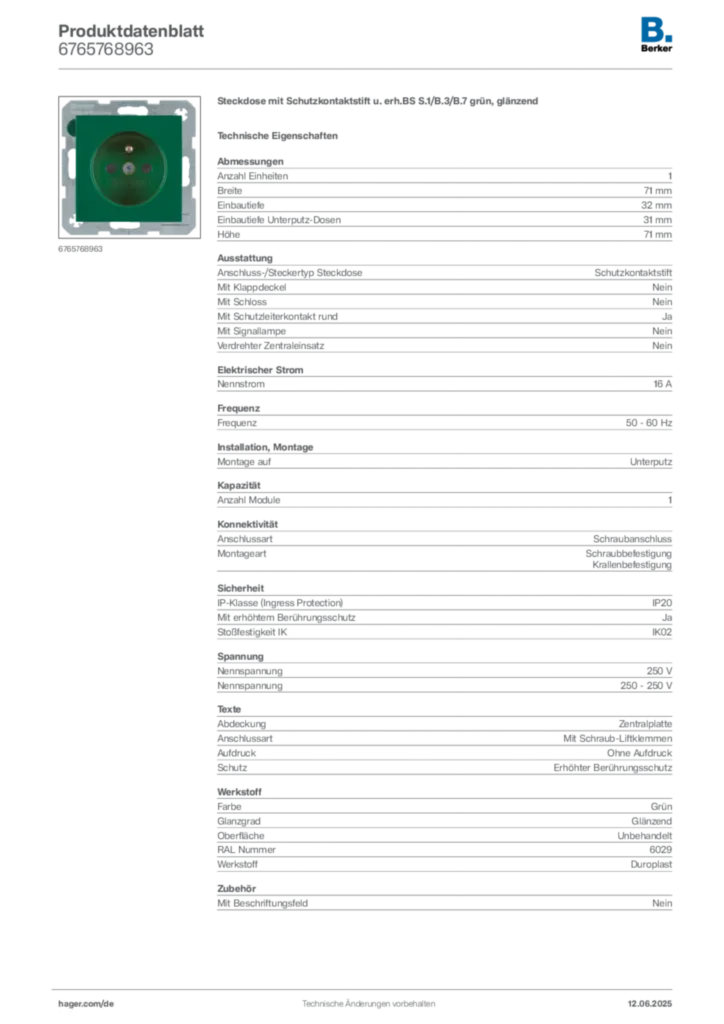 Bild Berker Produktdatenblatt 6765768963 | Hager Deutschland