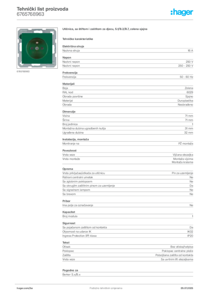 Slika Hager Product data sheet 6765768963  | Hager