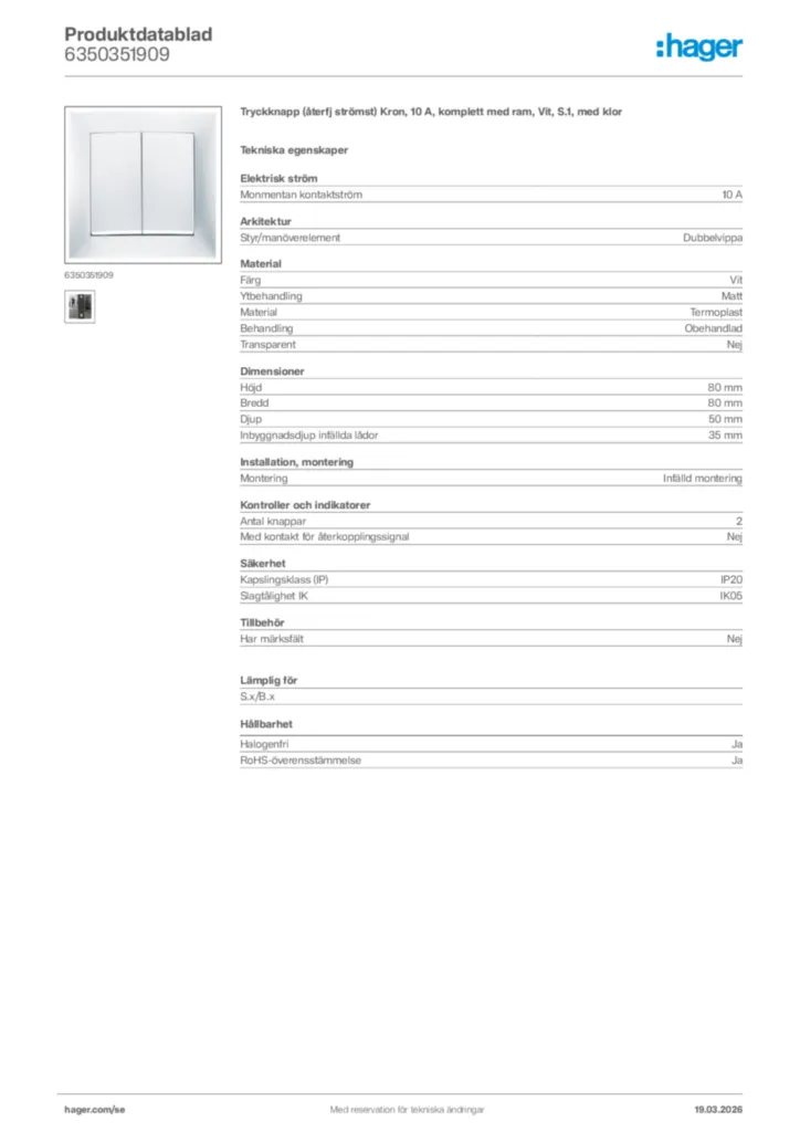 Bild Hager Produktdatablad 6350351909 | Hager Sverige