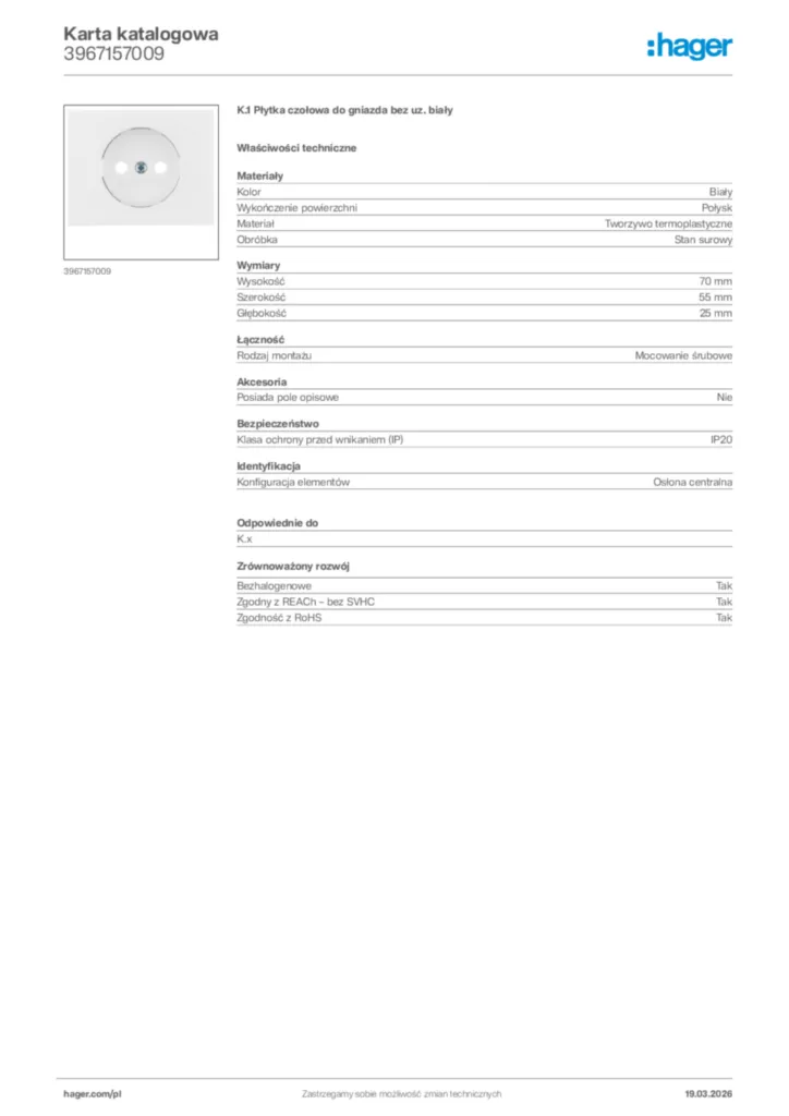 Zdjęcie Hager Karta katalogowa 3967157009 | Hager Polska