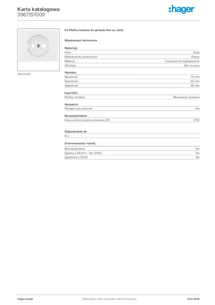 Zdjęcie Hager Karta katalogowa 3967157009 | Hager Polska
