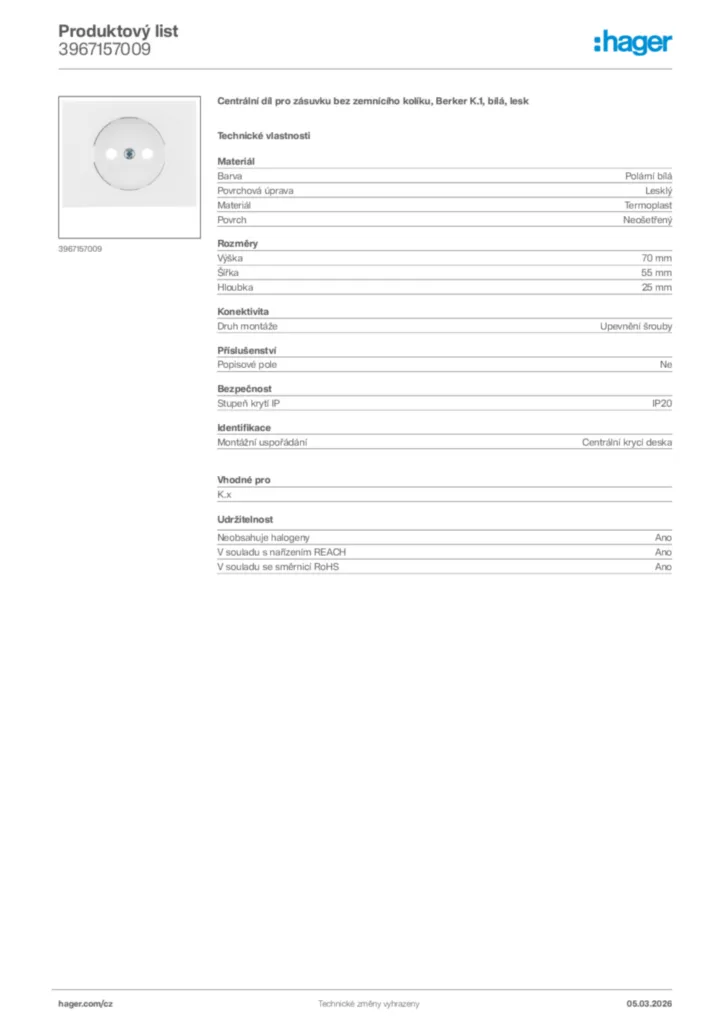Obrázek Hager Product data sheet 3967157009 | Hager