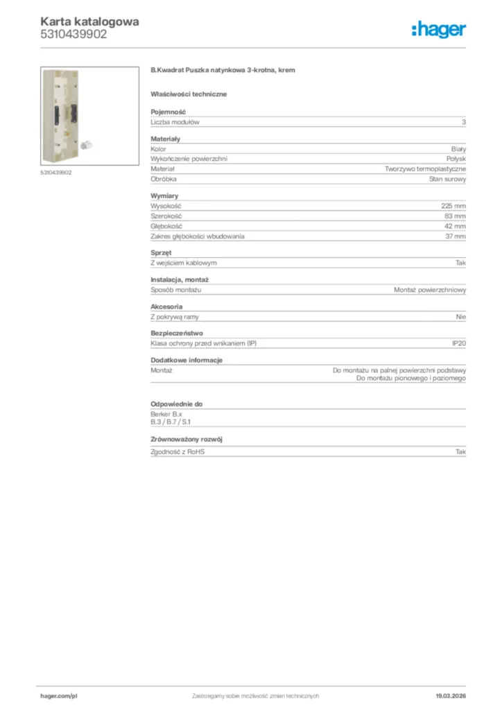 Zdjęcie Hager Karta katalogowa 5310439902 | Hager Polska