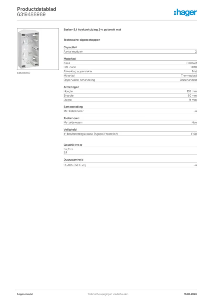 Afbeelding Hager Productdatablad 6319488989 | Hager Nederland